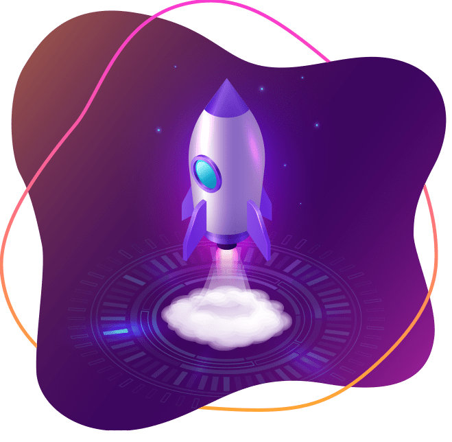 Illustration of a rocket lifting off from a glowing circular launch pad