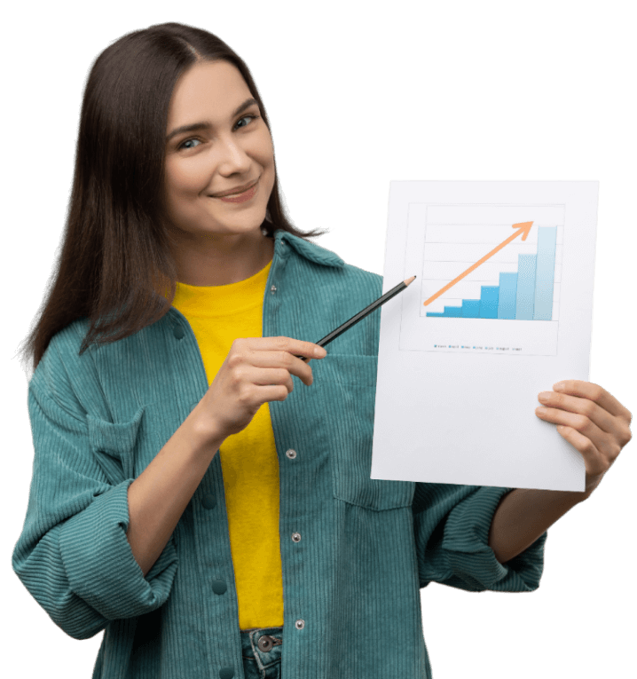 Marketing specialist smiling and pointing a pencil at a printed bar chart of rising results